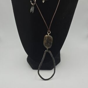 Silpada Sterling Silver Leather Chord Stone and Modern Shape Pendant Necklace